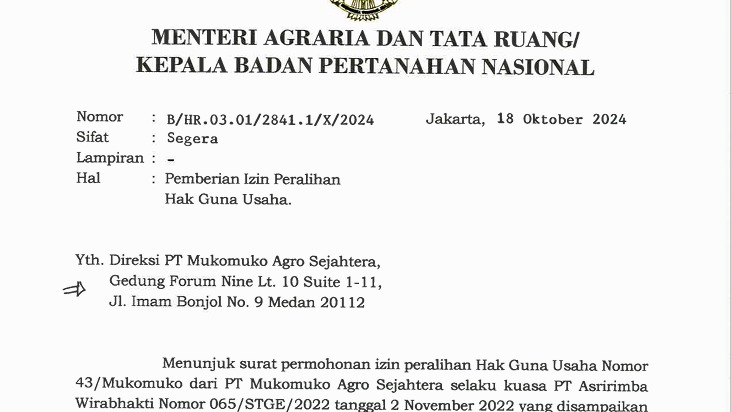 Menteri ATR BPN surat HGU Mukomuko
